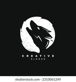 Vintage silhouette night howling wolf logo design badge