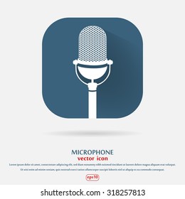 Vintage silhouette retro stage microphone - web icon in blue frame. old technology object concept, flat and shadow theme design sign, vector art image illustration, isolated on white background, eps10