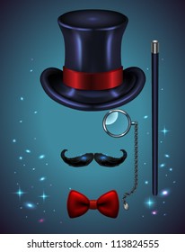 Vintage silhouette of top hat, mustaches, monocle, bow tie and wand (magician kit)- vector illustration.