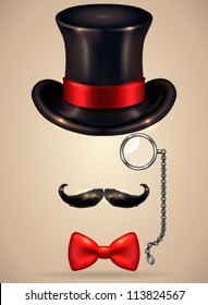 Vintage Silhouette Of Top Hat, Mustaches, Monocle And A Bow Tie - Vector Illustration. Shadow And Background Are On Separate Layers. Easy Editing.