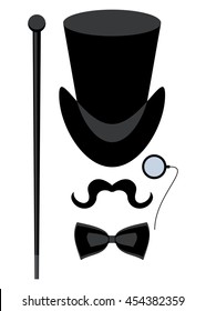 Vintage silhouette of top hat, mustaches, monocle, cane and a bow tie. Cartoon flat vector illustration. Objects isolated on a white background.