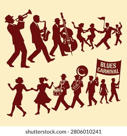 Vintage silhouette vector illustration of a blues carnival parade with a jazz band, musicians, and dancers. Flat vector illustration EPS 10.