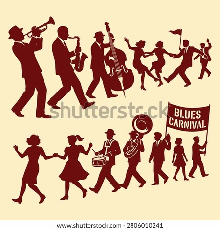 Vintage silhouette vector illustration of a blues carnival parade with a jazz band, musicians, and dancers. Flat vector illustration EPS 10.