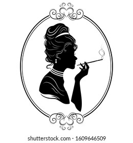 Vintage silhouette of a woman with a high hairstyle, with a mouthpiece. Vector illustration.