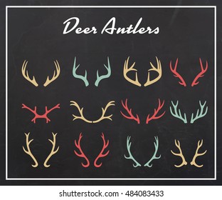 Vintage silhouettes of different deer horns, vector illustration on texture background