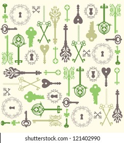 Vintage silhouettes set of keys and keyholes. Old style illustration. Vintage design.