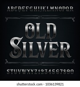 Vintage Silver Alphabet Font. Old Metal Effect Letters And Numbers. Stock Vector Typeface For Your Design.
