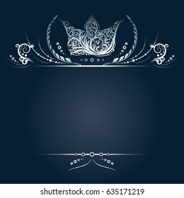 Vintage silver banner or greeting card with royal crown, laurel wreath and floral elements on black background. Vector frame for graphic design, label, badge. Empty space for text.