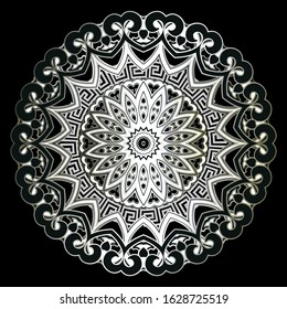 Vintage silver Baroque 3d vector mandala pattern. Surface ornamental luxury ornate background. Floral shiny round flower lace ornament with lines, radial shapes. Circle greek key meanders frames.