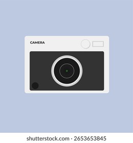 Vintage silver and black analog camera, used for capturing photos. Suitable for vintage-themed or classic photography design, flat art design style.
