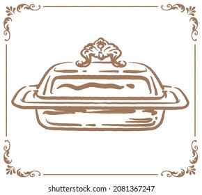 Plato de mantequilla de plata de época. Ilustración vectorial.