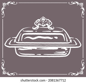 Vintage silver butter dish. Vector illustration.