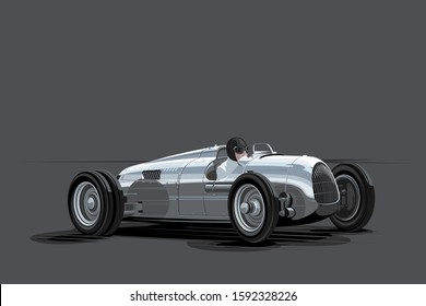 Vintage Silver Car, Racing Car, Burnout Car, Sport Car, Racing Team, Turbocharger. Vector Illustration For Sticker, Poster Or Badge