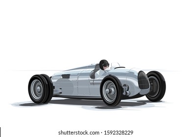 Vintage silver car, racing car, burnout car, sport car, racing team, turbocharger. Vector illustration for sticker, poster or badge