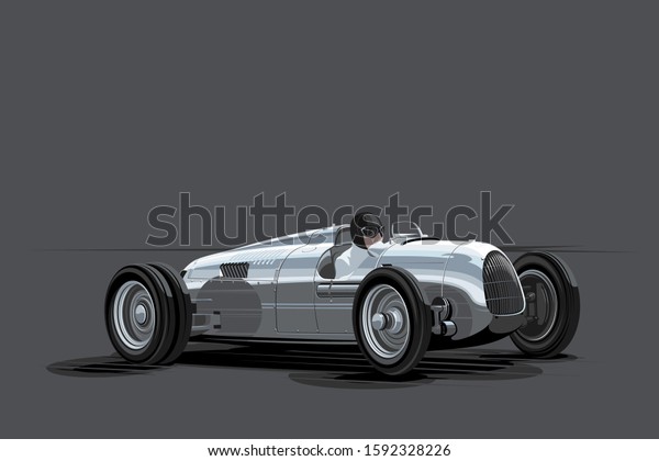 Vintage silver car, racing car, burnout car, sport\
car, racing team, turbocharger. Vector illustration for sticker,\
poster or badge