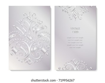Vintage silver cards or invitations with floral design element. Ethnic motifs