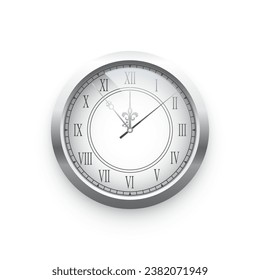 Vintage silver clock face, elegant roman numerals clock isolated on white background. Realistic classical watch with white dial and black roman numbers. Time scale under glass. Vector illustration.