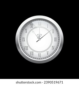 Vintage silver clock face, elegant roman numerals clock isolated on black background. Realistic classical watch with white dial and black roman numbers. Time scale under glass. Vector illustration.