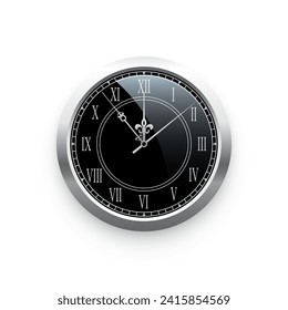 Vintage silver clock face, elegant roman numerals clock isolated on white background. Realistic classical watch with black dial and white roman numbers. Time scale under glass. Vector illustration.