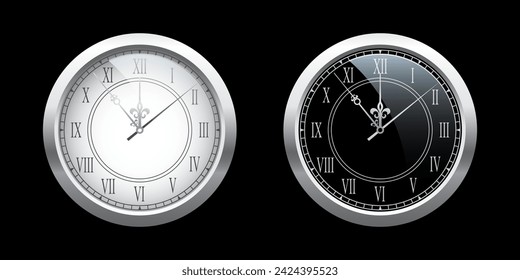 Vintage silver clock face set, elegant roman numerals clock isolated on black background. Realistic classical watch with white and black dial. Time scale under glass. Vector illustration.