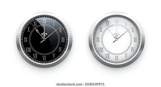 Vintage silver clock face set, elegant roman numerals clock isolated on white background. Realistic classical watch with white and black dial. Time scale under glass. Vector illustration.