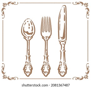 Vintage silver cutlery. Spoon, fork and knife. Vector illustration.