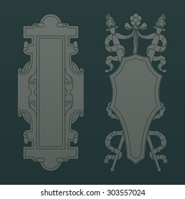 Vintage silver decorative ornate shield, frame and border. Set of coat of arms. Vector file