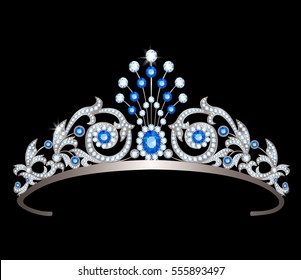 Vintage silver diadem decorated with diamonds and sapphires