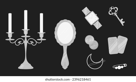 Vintage silver elements. Hand mirror, candlestick with three candles, coins and watch. Decorative retro key, pin with beads and brooch vector set