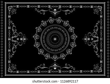 Vintage silver frame from patterns  with twisted  calligraphy stripes and crowns on black background