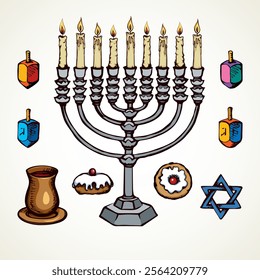 Vintage silver hanukka candelabra lamp, dough bread eat bakery snack, cup gift, spin game toy. Hand drawn ethnic happy hanukkiah ceremony logo sign icon sketch in retro graphic art on white background