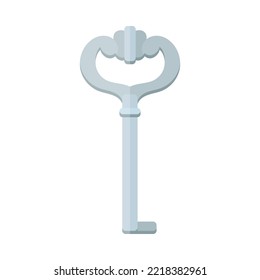 Vintage silver key cartoon illustration. Old-fashioned key with ornate head from locks isolated on white background. Security, protection, privacy concept