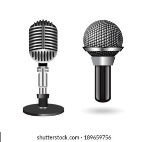 Vintage silver microphones isolated on white background. Vector illustration