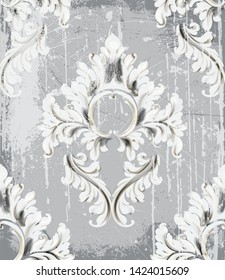 Vintage silver ornament pattern Vector. Baroque rococo texture luxury design. Royal textile decor. Old painted background