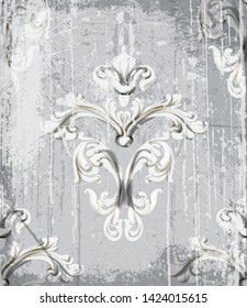 Vintage silver ornament pattern Vector. Baroque rococo texture luxury design. Royal textile decor. Old painted background
