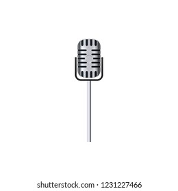Vintage silver stereo studio microphone isolated on white background. Retro metal mic on a stance.