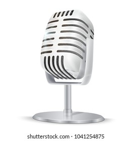 Vintage silver studio microphone. 3D realisic vector illustration on white  background.