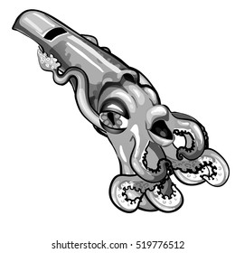 Vintage silver whistle in the shape of squid isolated on white background. Vector illustration.