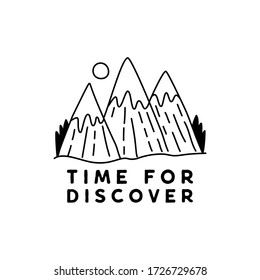 Vintage simple camp logo design. Outdoor adventure mountain line art scene, landscape. Silhouette linear concept. Time for discover quote text. Stock vector badge