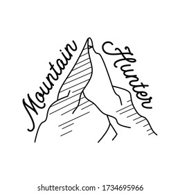 Vintage simple camp logo design. Outdoor adventure line art scene, hiking landscape. Silhouette linear concept. Mountain Hunter quote text. Stock vector badge.