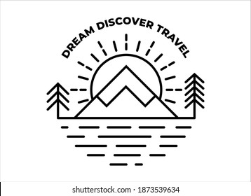 Vintage simple camp logo design. Outdoor adventure line art scene, hiking landscape. Dream Discover Travel. Stock vector badge.