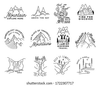 Vintage simple camp logo designs set. Outdoor adventure line art scenes, hiking landscapes bundle. Silhouette linear concept. Stock vector badges