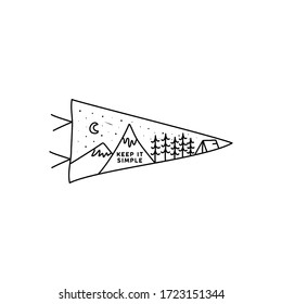 Vintage simple camp pennant logo designs. Outdoor adventure line art scene, hiking landscape. Keep it simple, Silhouette linear concept. Stock vector badges