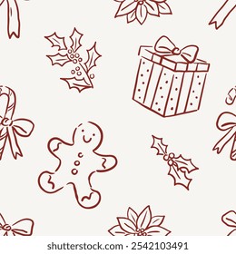 Vintage simple Christmas illustration. Vector sketch Holidays clipart. Seamless pattern