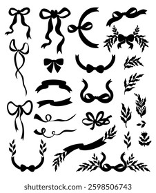 Vintage simple decorative ribbon bow with plants silhouette set. Romantic girly vibe. Vector illustration. Isolated Trendy aesthetic black elements on white background