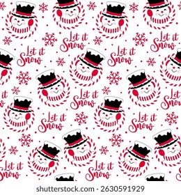 Vintage Simple Snowman Seamless Pattern with Let it Snow Text and Snowflakes- Christmas snowman vector Illustration