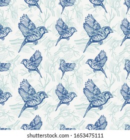 Vintage simple summer birds background. fashion seamless pattern, floral ornament, retro style fabric for decoration and design.