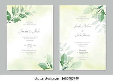 vintage simple wedding invitation cards template with greenery leaves