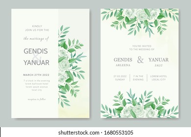 Vintage simple wedding invitation cards template with greenery leaves.