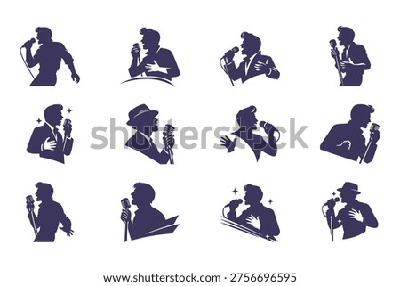Vintage Singer Silhouette Collection, Dynamic Poses with Retro Microphone, Rock and Roll Vibe